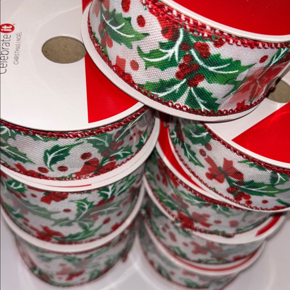 Festive Holly Print Ribbon Red and Green Holiday Ribbon Wired Edge Trad Ribbon